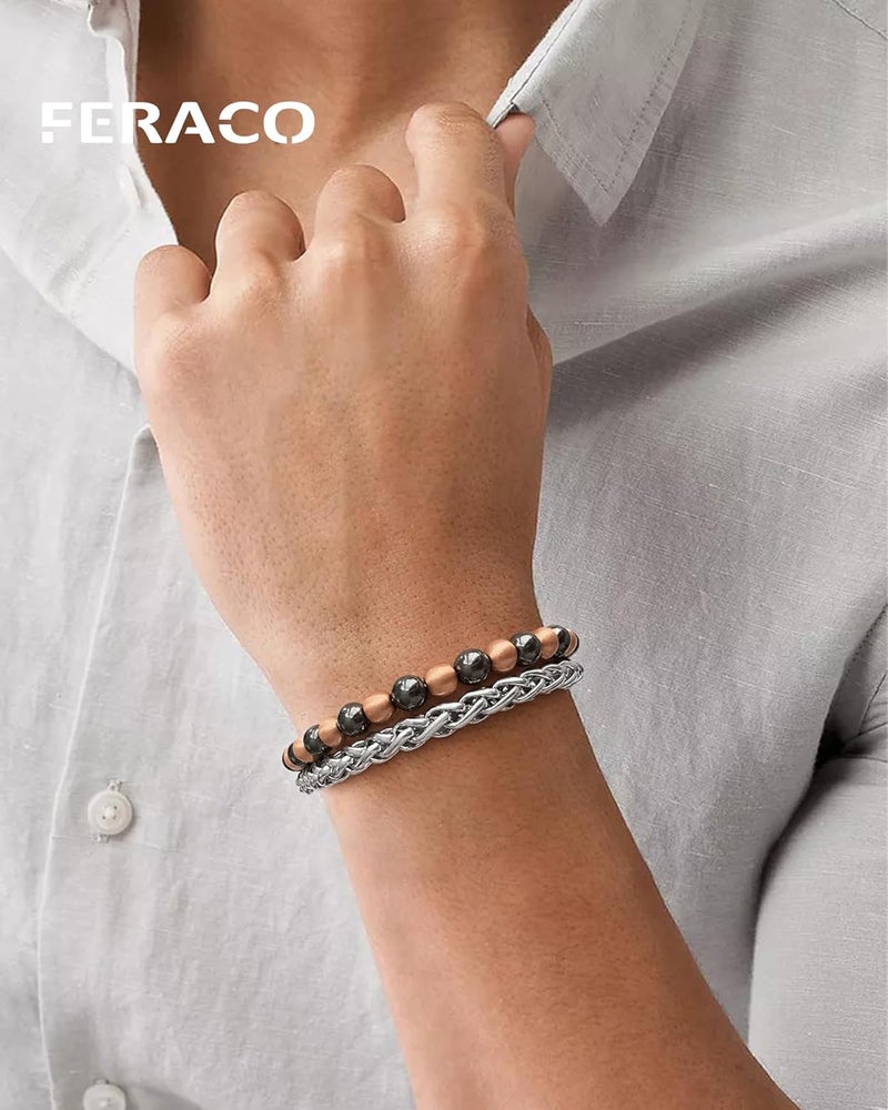 Feraco Pure Copper Magnetic Bead Bracelet for Men Women, 8mm 99.99% Solid Copper & 3500 Gauss Magnetic Hematite Beads, Unisex Stretch Wristband, Gift-Ready Jewelry - Image 2